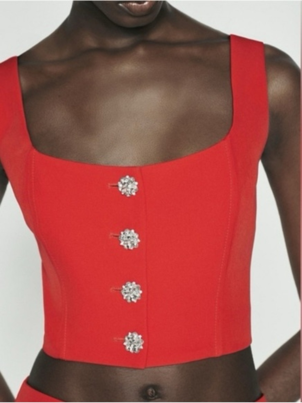 New Zara Red Jewel Button Straight Neck Crop Top Bustier Size L